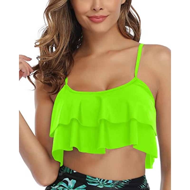 Adjustable Bra Style Bikini Top Flounce Swim Top-Neon Green