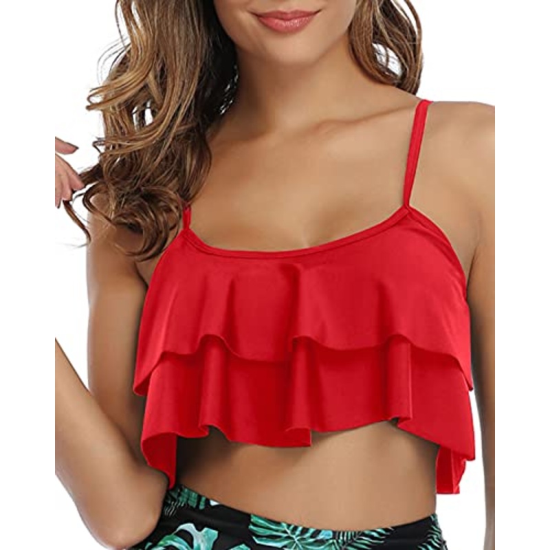 Adjustable Bra Style Ruffled Swimsuit Tank Top For Women-Red