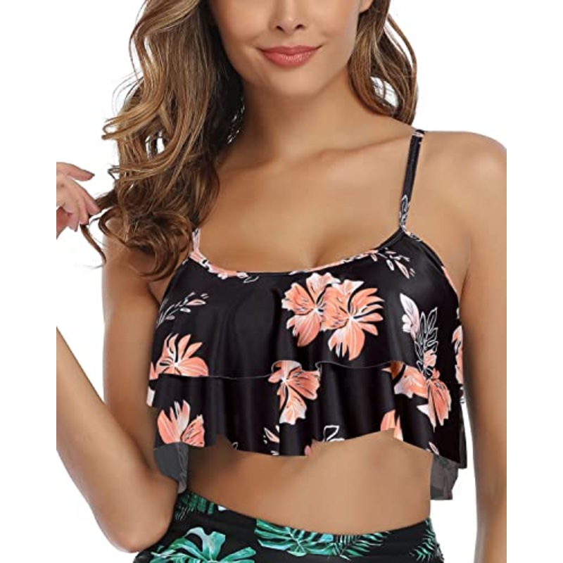 Adjustable Bra Style Swim Top Straps And Padds Ruffled Bikini Top-Black Orange Floral