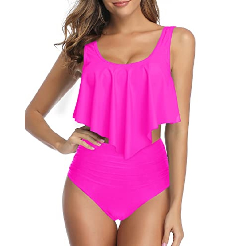 Adjustable Double Straps Women Ruffled Flounce Bikini Swimsuit-Neon Pink