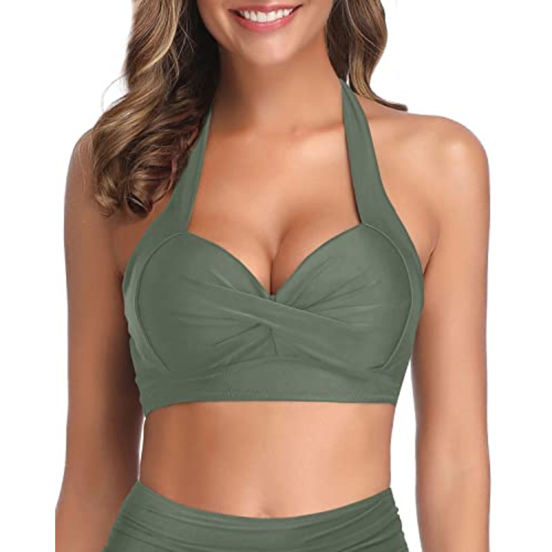 Adjustable Halter Neck Push Up Swim Top-Army Green