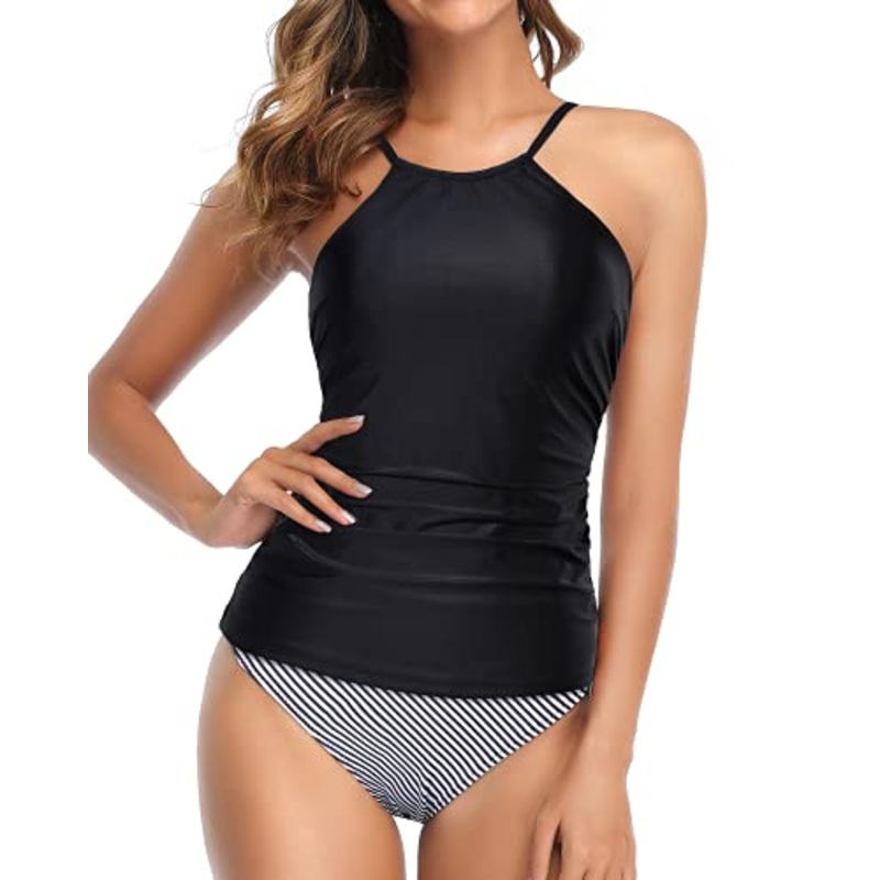 Adjustable Strap High Neck Ruched Tankini Swimsuit For Women-Black Stripe
