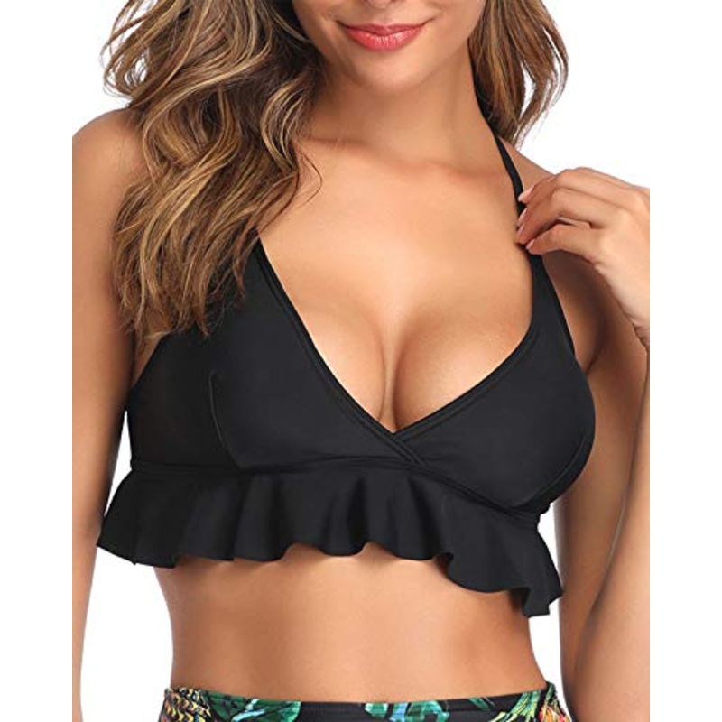 Adjustable Strap Ruffle Flounce Push Up Bikini Top-Black