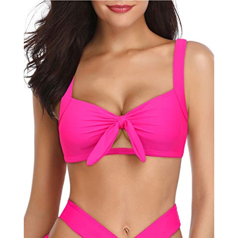 Adjustable Straps Bathing Suit Tops Cute Tie Knot-Neon Pink