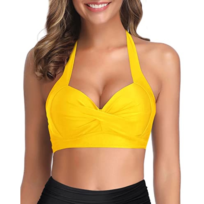 Adjustable Tie Halter Neck Retro Bikini Top For Women-Neon Yellow