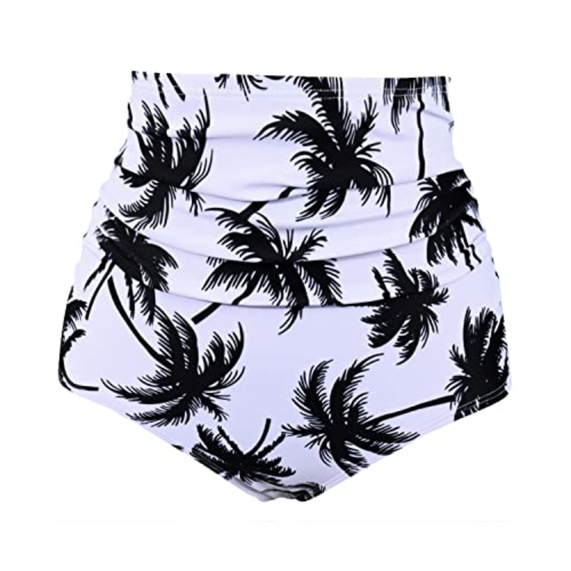 Booty Coverage High Waisted Swim Bottom For Women-Black Palm Tree