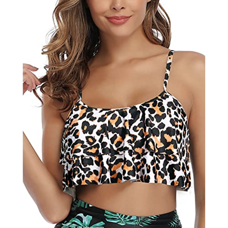 Charming Flounce Swim Top Swimsuit Tank Top For Women-Leopard