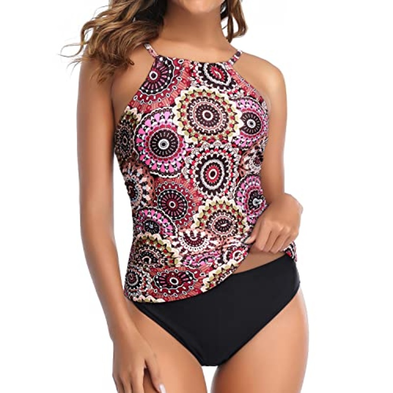 Charming High Neck Tankini High Cut Bottom-Brown Print