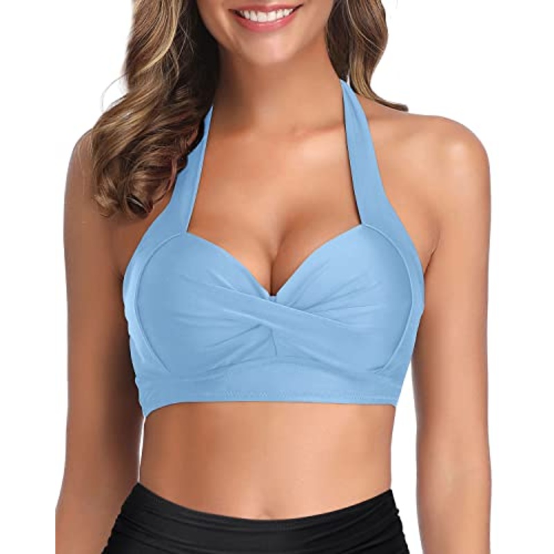 Clasp Hook Closure Halter Retro Bikini Top For Women-Light Blue