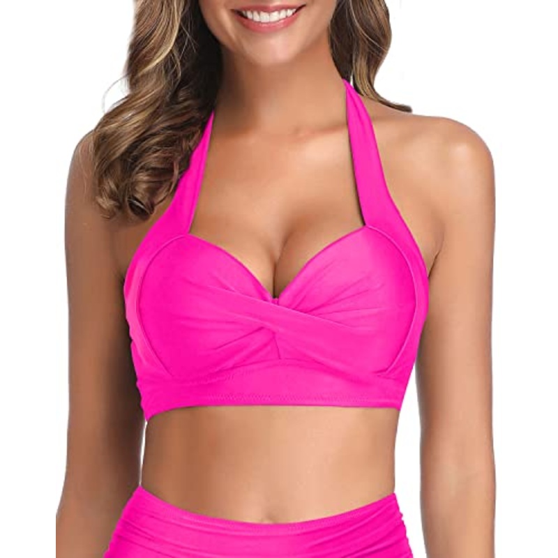 Clasp Hook Closure Push Up Halter Swim Top-Neon Pink