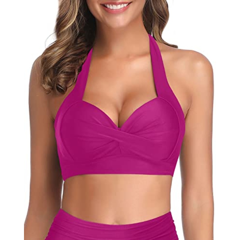 Clasp Hook Retro Bathing Suit Top-Hot Pink