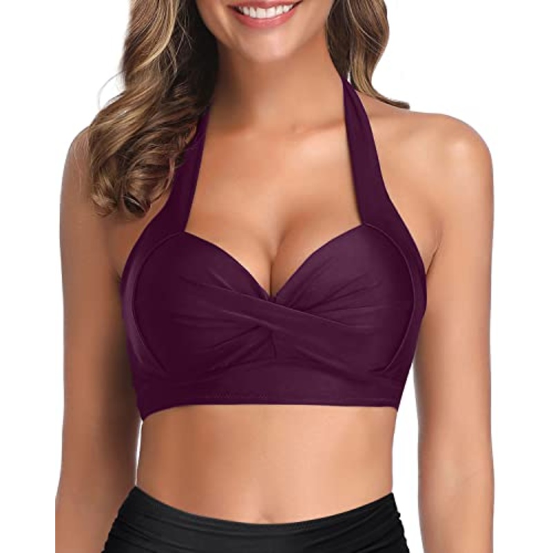 Comfortable Push Up Halter Bikini Top-Maroon