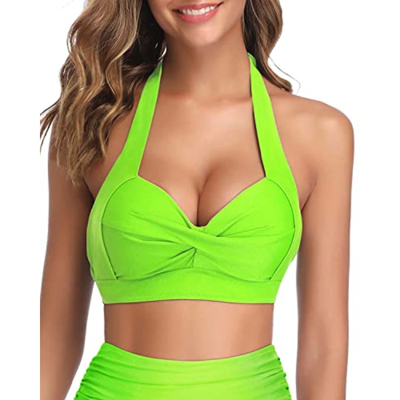 Comfortable Push Up Halter Retro Bikini Top For Women-Neon Green