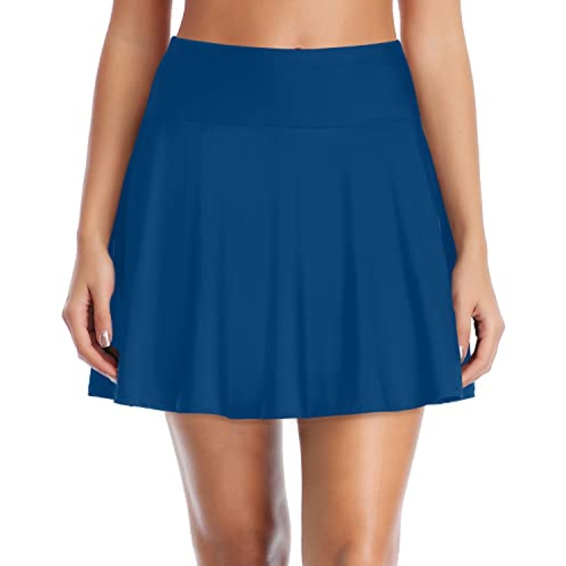 Flattering Flowy Hem High Waisted Swim Skirt-Blue