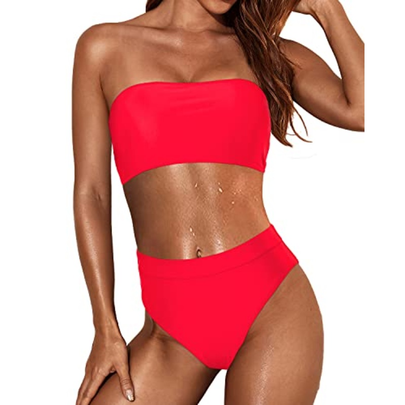 Flattering High Cut Bathing Suits Women Two Piece Bandeau Swimsuit-Neon Red