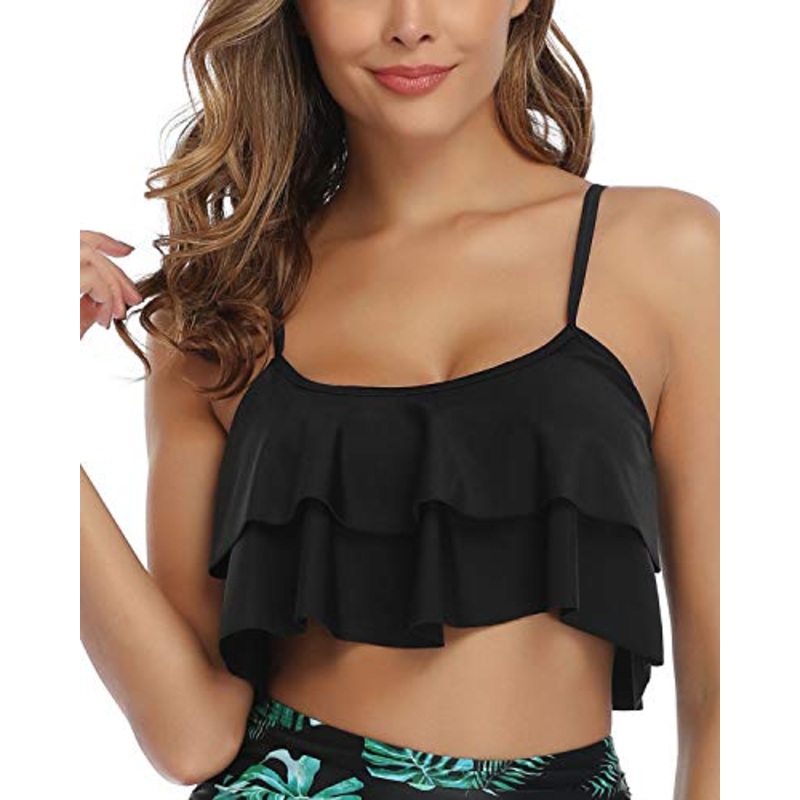 Flounce Swim Top Falbala Swimsuit Tank Top Ruffled Bikini Top-Black
