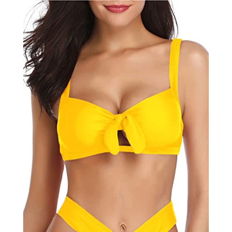 Front Tie Knot Ruffle Flounce Swimsuit Top-Neon Yellow