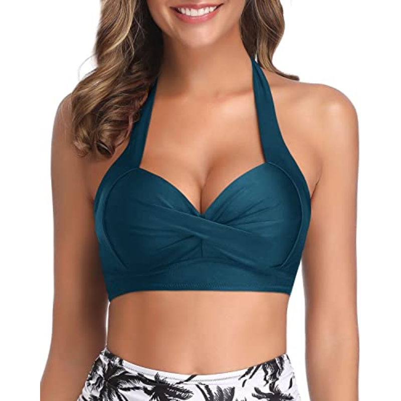 Halter Design Non-Slip Push Up Bikini Top-Teal