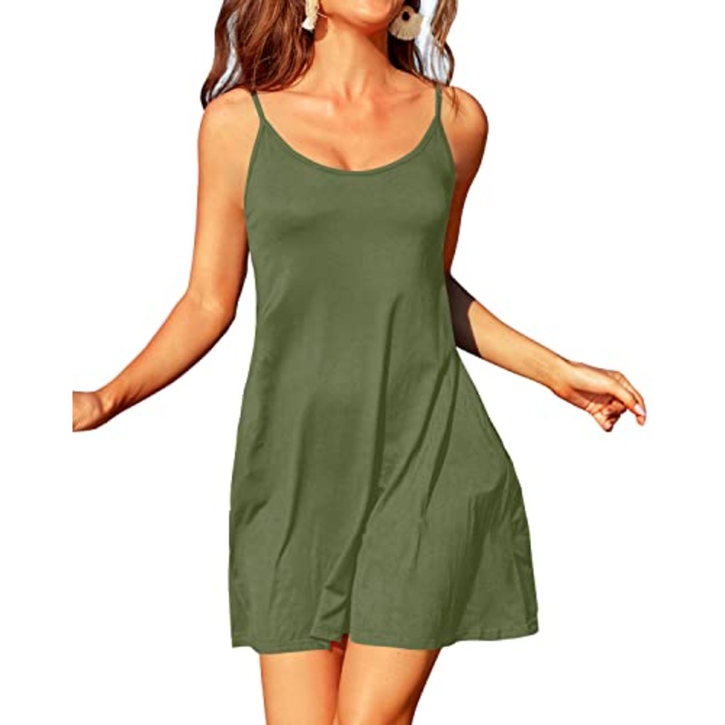 Loose Fit Casual Basic Style Spaghetti Swim Dresses-Army Green