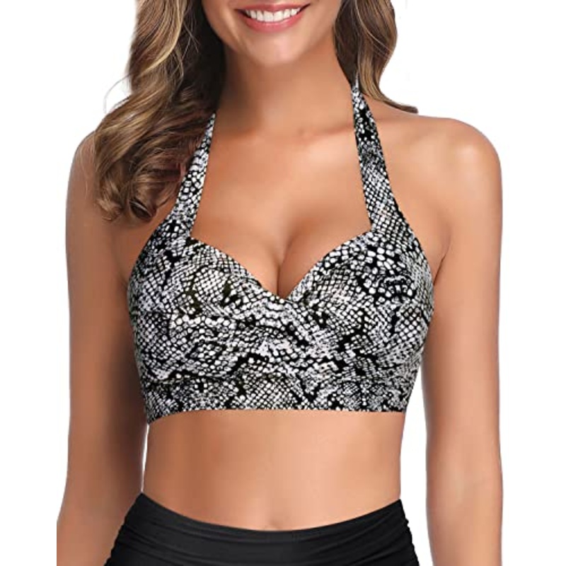Mix And Match Halter Retro Bikini Top For Women-Orange Snake Print