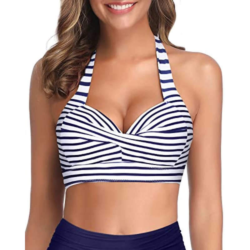 Mix And Match Retro Padded Swimsuit Top-Blue And White Stripes