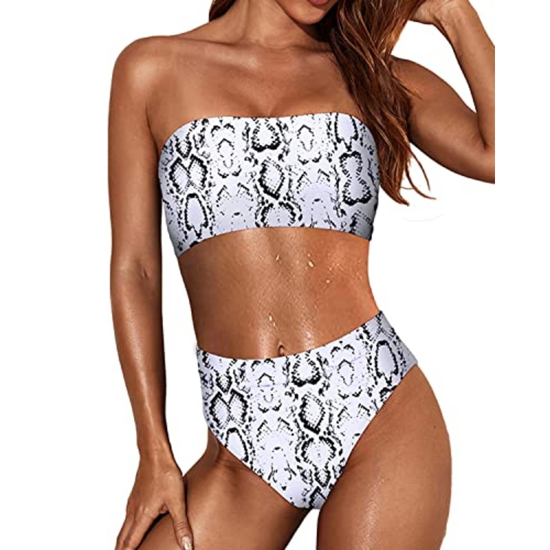Modest Coverage Tummy Control Women Two Piece Bandeau Swimsuit-Snake Print