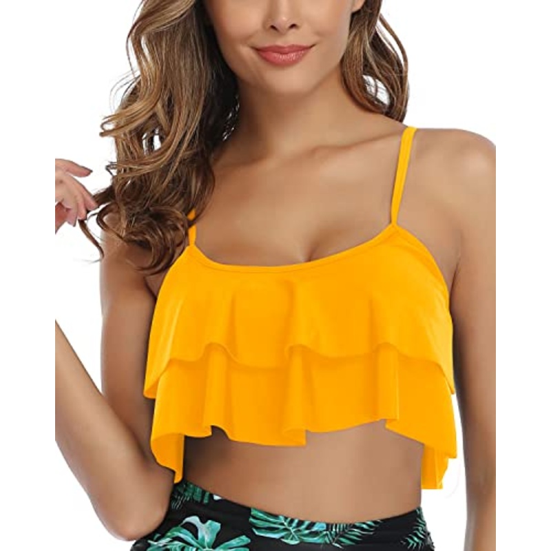Non-See Through Bikini Top Flounce Swim Top-Yellow