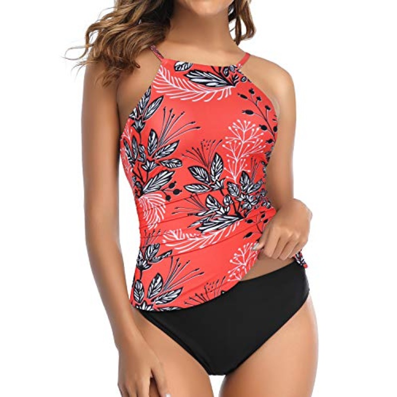 Padded Push Up Tummy Slimming 2 Piece Tankini Swimsuits For Women-Red Floral