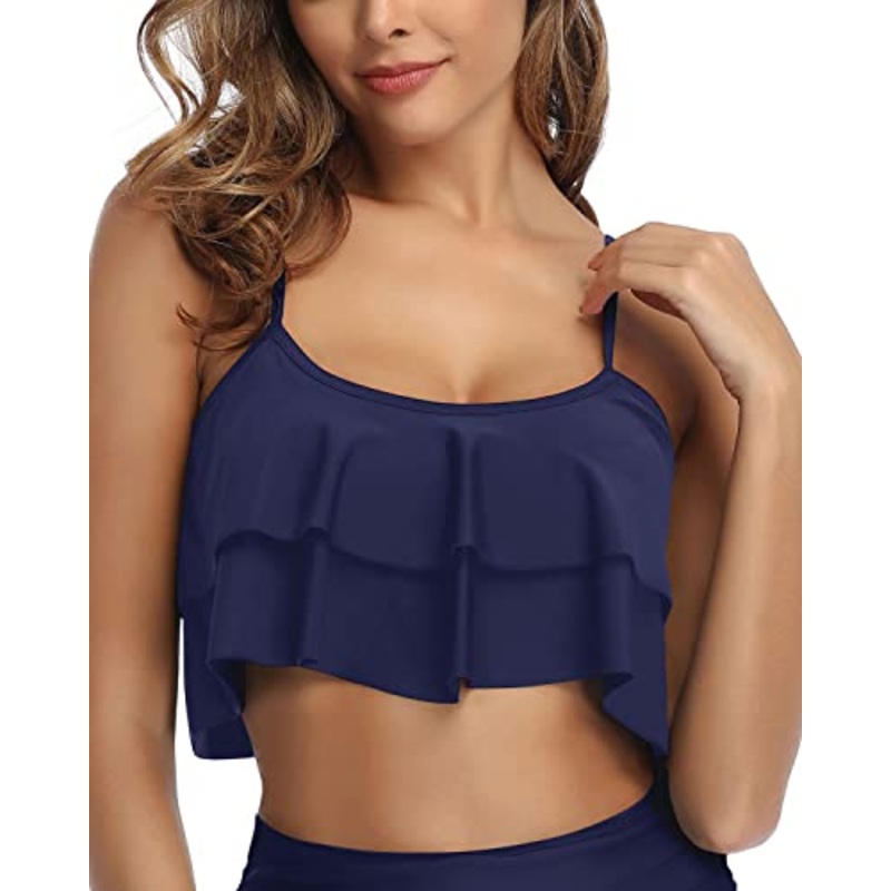 Padded Straps Flounce Swim Top Swimsuit Tank Top For Women-Navy Blue