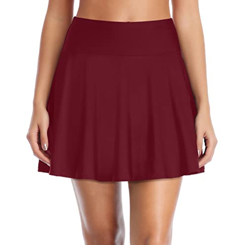 Pleated Swim Skirt Panty Long Skirted Swimsuit Bottom-Maroon