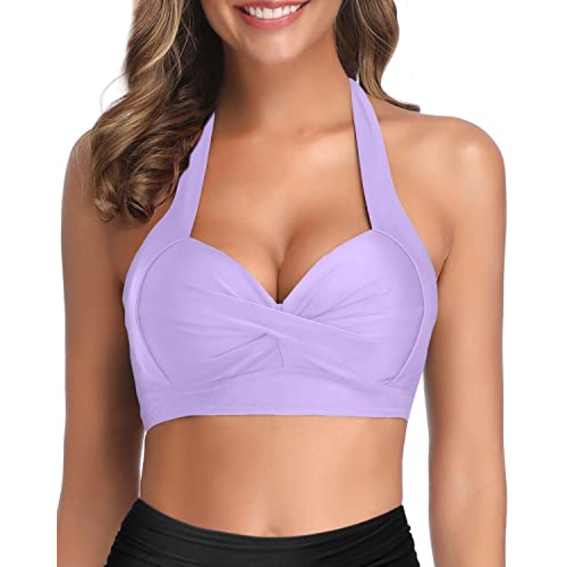 Push Up Halter Retro Bathing Suit Top-Light Purple