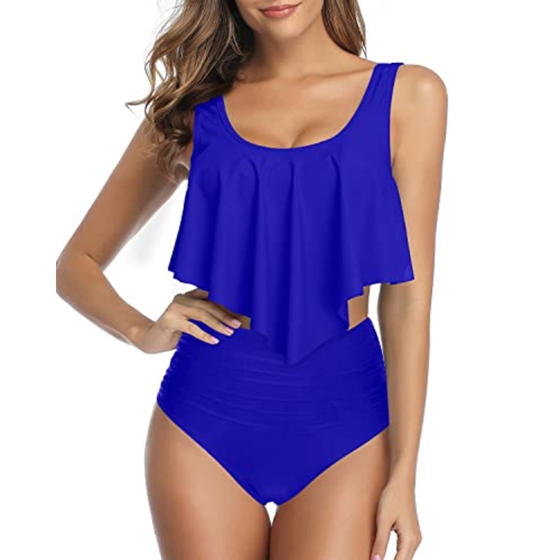 Removable Padded Push Up High Waist Ruched Bikini Swimsuit-Royal Blue