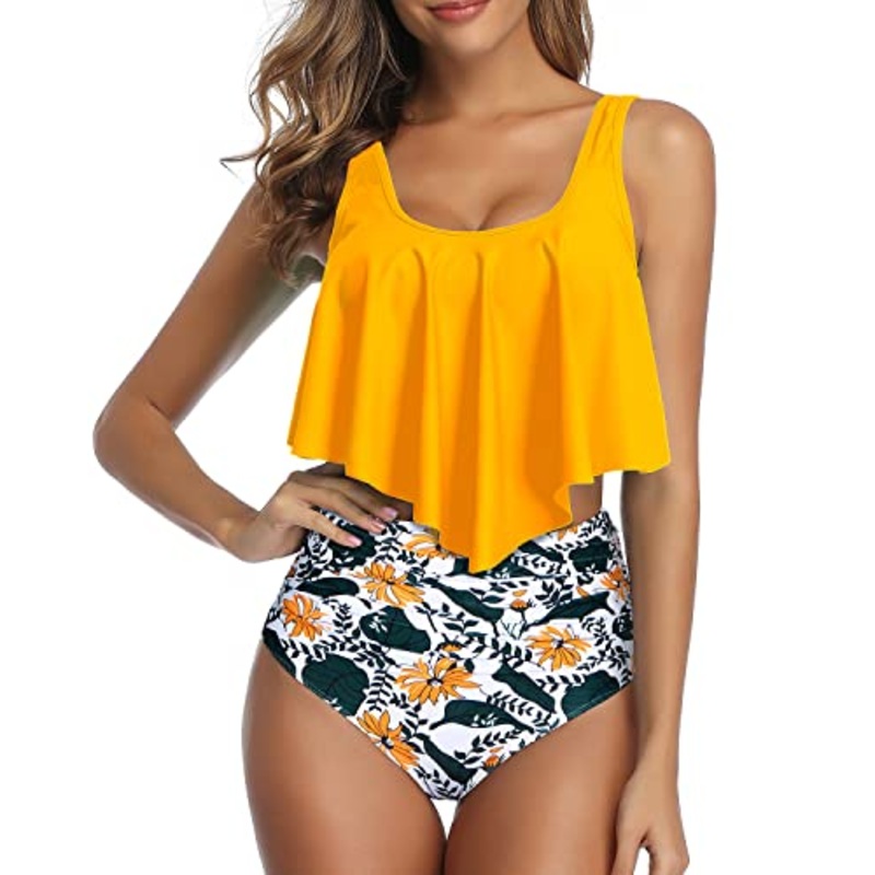 Removable Padded Women Ruffled Flounce Bikini Swimsuit-Yellow Floral