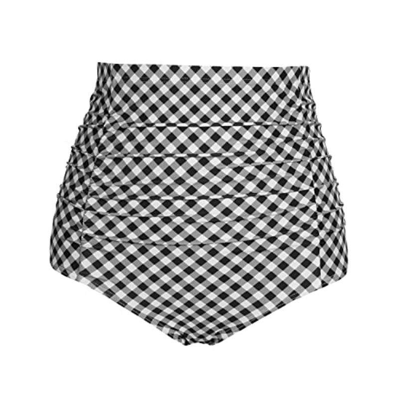 Retro High Waisted Swim Bottom For Women-Black White Plaid