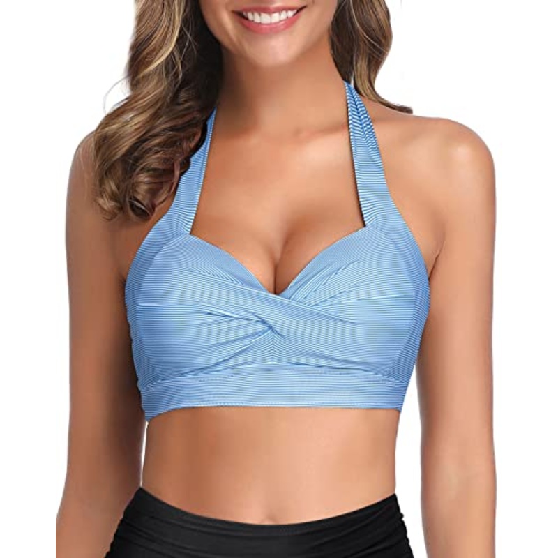 Retro Padded Push Up Halter Bikini Top-Blue White Stripe
