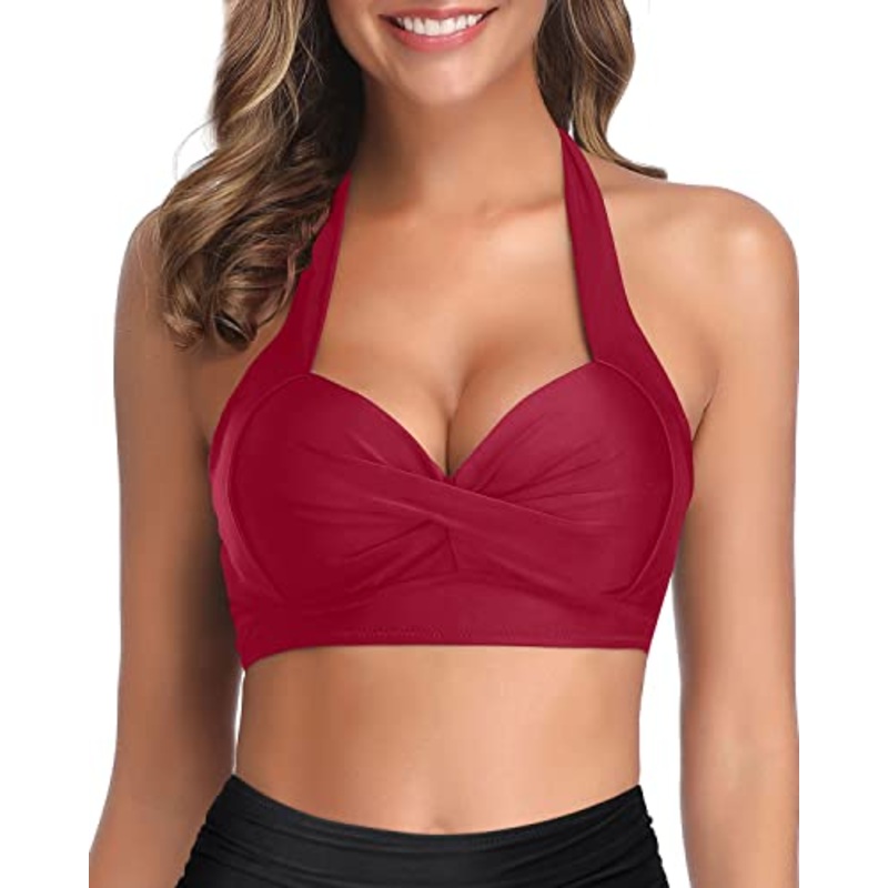 Retro Push Up Halter Bikini Top Only-Red