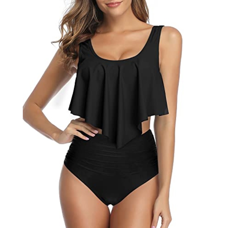 Ruffled Flounce Top High Waisted Ruched Bottom Two Piece Bikini For Women-Black