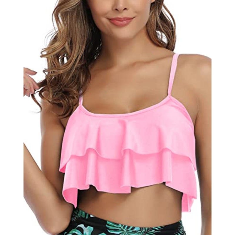 Ruffled Hem Bikini Top Flounce Swim Top-Light Pink
