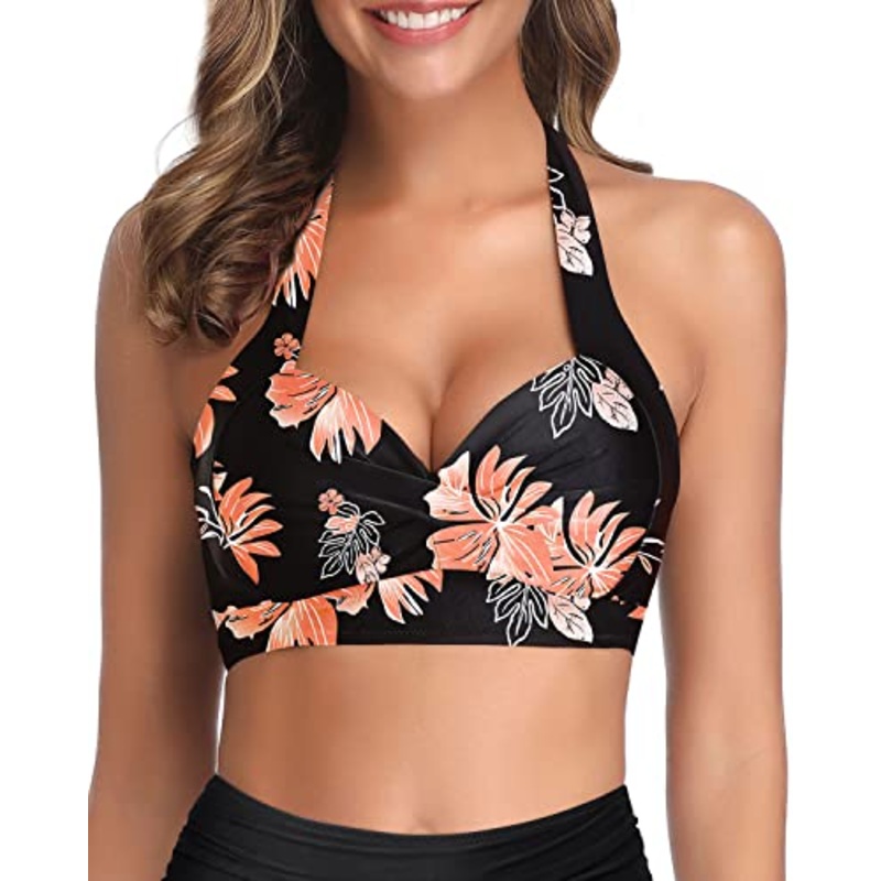 Safe And Secure Push Up Swim Top For Women-Black Orange Floral