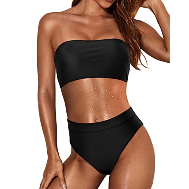 Sexy High Cut Bikini Bottom Removable Padding Strapless Bikini Top-Black