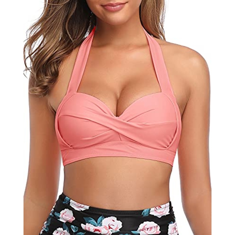 Sexy High Quality Halter Retro Bikini Top For Women-Coral Pink