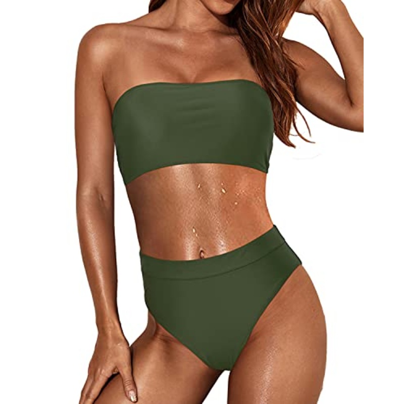 Sexy High Waist Cheeky Bikini Set Women Two Piece Bandeau Swimsuit-Army Green