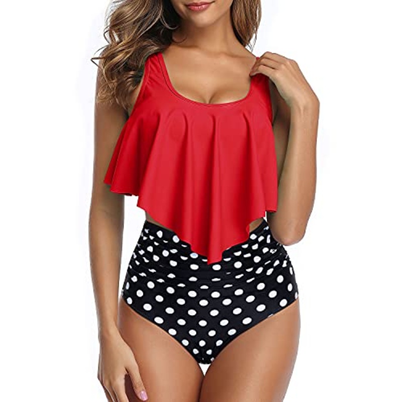 Sexy High Waisted Two Piece Women Ruffled Flounce Bikini Swimsuit-Red Dot