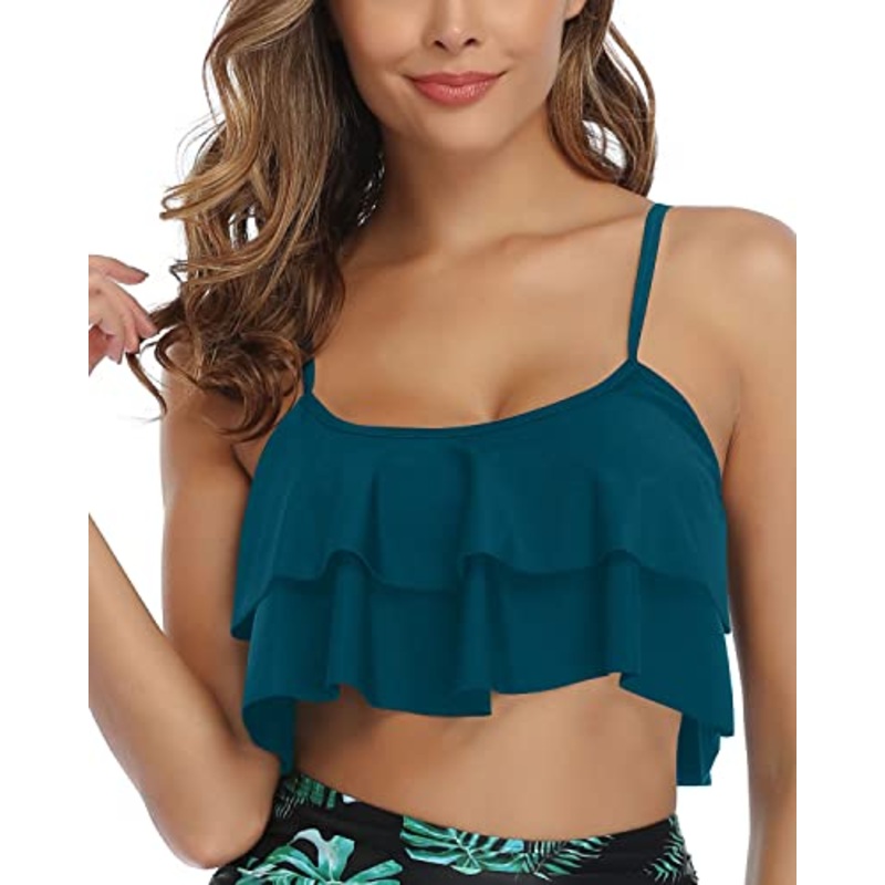 Stretchy Band Bikini Top Flounce Swim Top-Teal