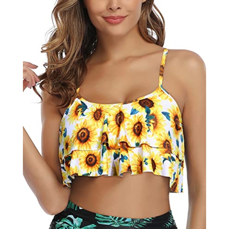 Sturdy Adjustable Bikini Top Flounce Swim Top-Yellow And Sunflower