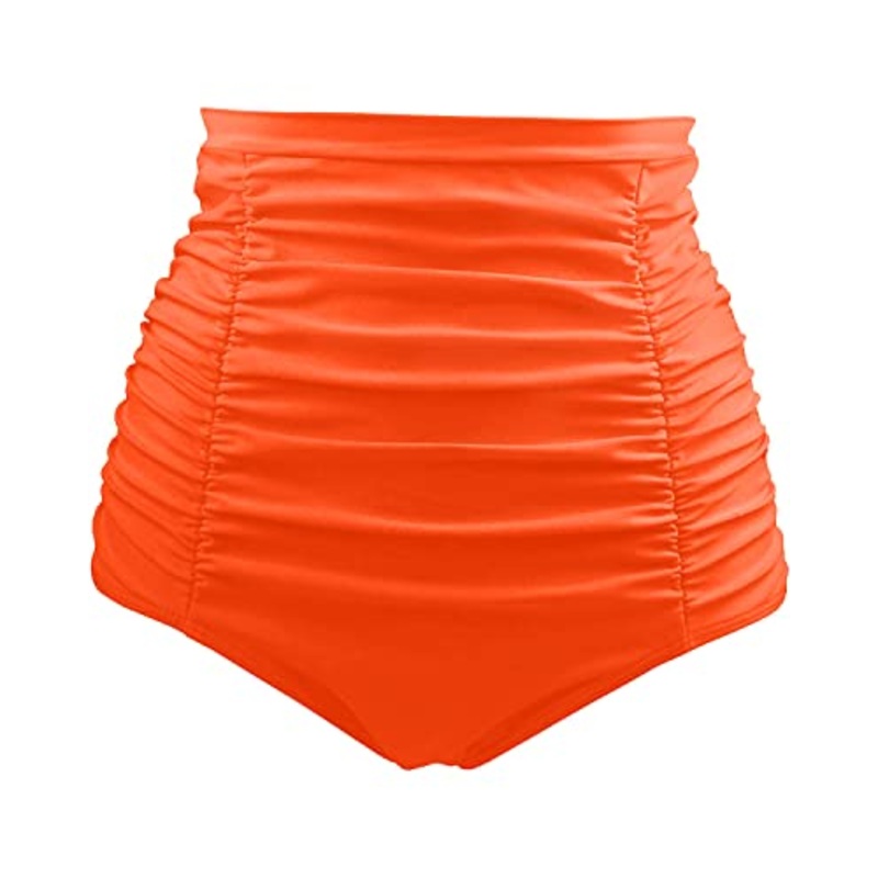 Stylish High Waisted Tankini Briefs Tummy Control Ruched Swim Shorts-Neon Orange