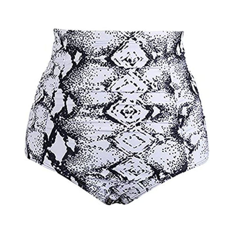 Tankini Briefs High Waisted Swim Bottom For Women-Black And White Snake Print