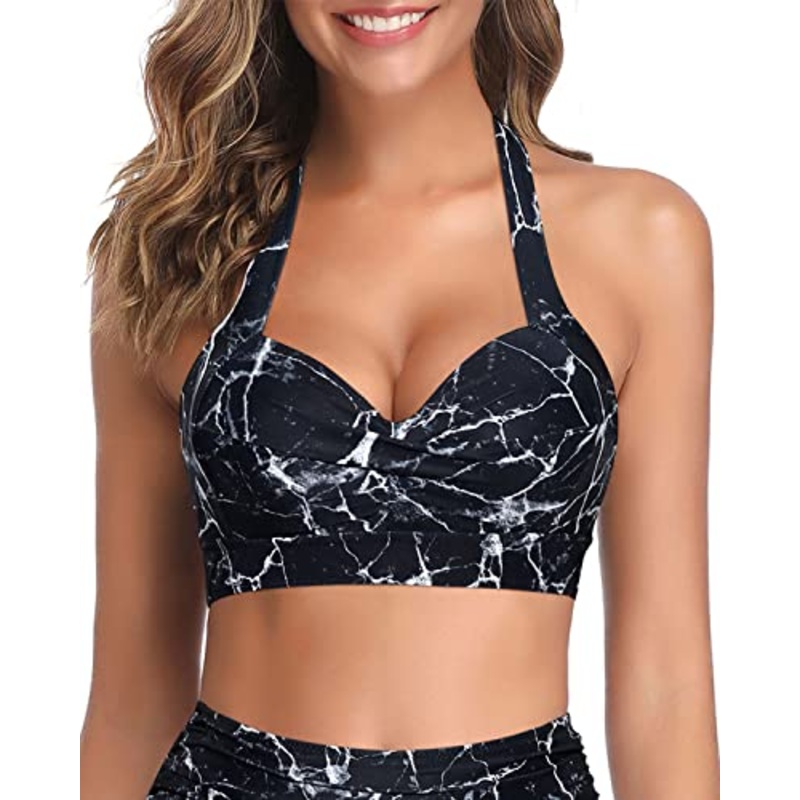 Thick Band Halter Neck Retro Bikini Top For Women-Black Marble