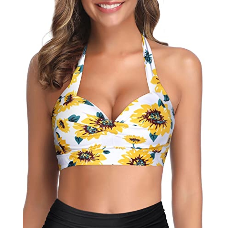 Thick Band Halter Retro Bathing Suit Top-White And Sunflower