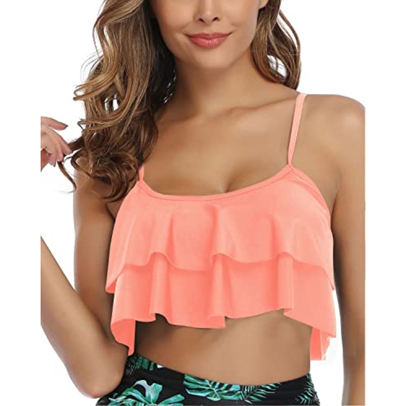 Tiered Flowy Ruffles Swimsuit Tank Top For Women-Coral Pink